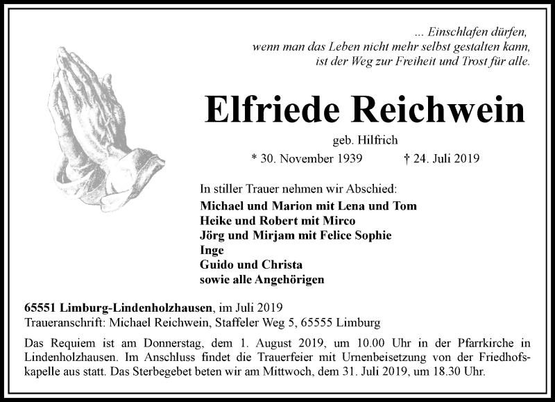 Traueranzeige für Elfriede Reichwein vom 27.07.2019 aus RMZ