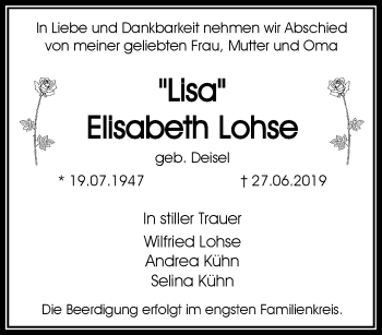 Traueranzeige von Elisabeth Lohse von RMZ