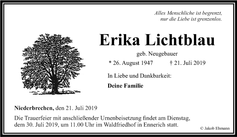  Traueranzeige für Erika Lichtblau vom 27.07.2019 aus RMZ