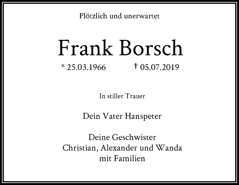  Traueranzeige für Frank Borsch vom 13.07.2019 aus RMZ