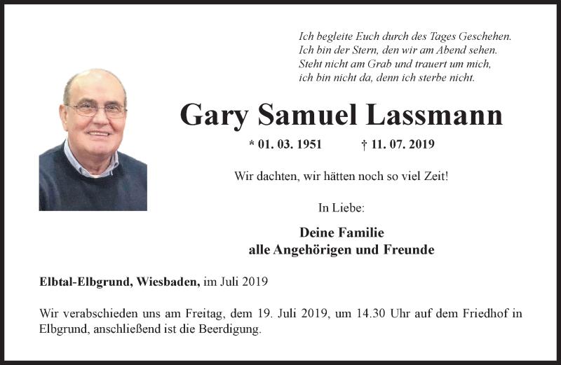  Traueranzeige für Gary Samuel Lassmann vom 18.07.2019 aus RMZ