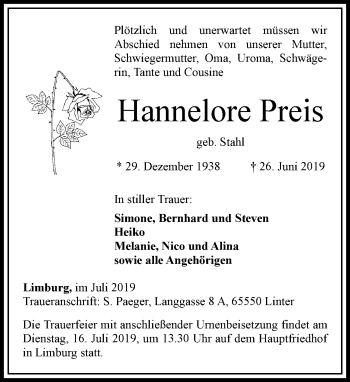 Traueranzeige von Hannelore Preis von RMZ