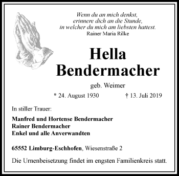 Traueranzeige von Hella Bendermacher von RMZ