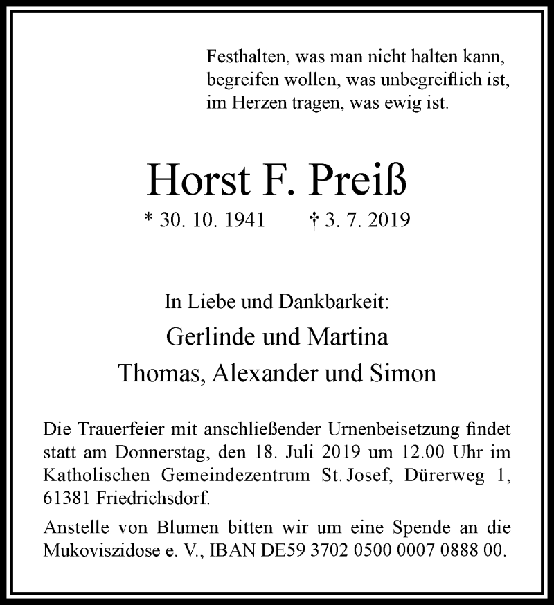  Traueranzeige für Horst F. Preiß vom 13.07.2019 aus RMZ