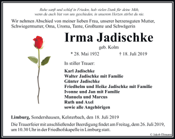 Traueranzeige von Irma Jadischke von RMZ