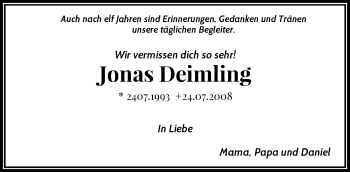 Traueranzeige von Jonas Deimling von RMZ