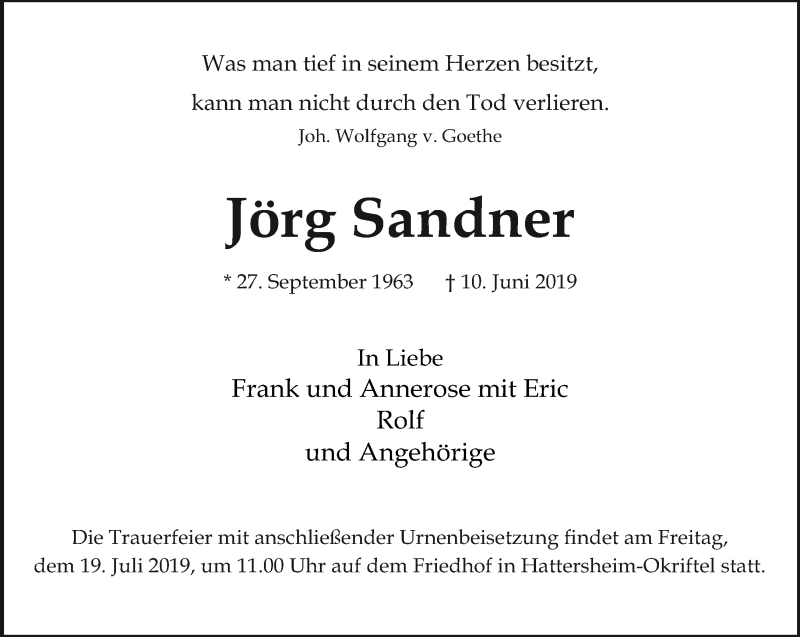  Traueranzeige für Jörg Sandner vom 13.07.2019 aus RMZ