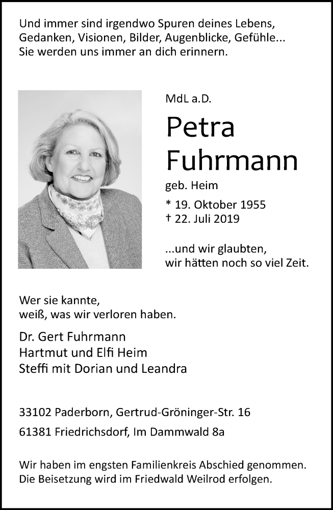  Traueranzeige für Petra Fuhrmann vom 27.07.2019 aus RMZ