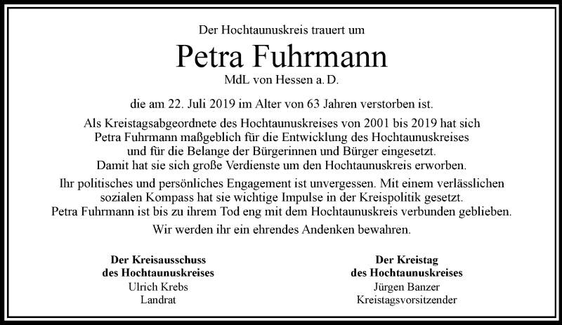  Traueranzeige für Petra Fuhrmann vom 31.07.2019 aus RMZ