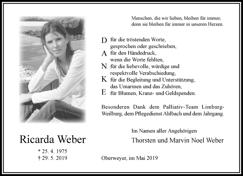  Traueranzeige für Ricarda Weber vom 13.07.2019 aus RMZ