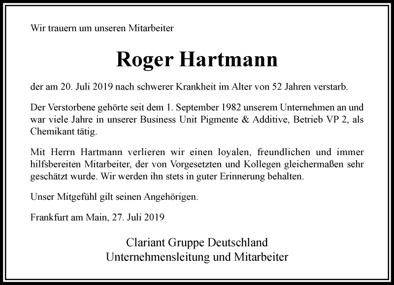  Traueranzeige für Roger Hartmann vom 27.07.2019 aus RMZ