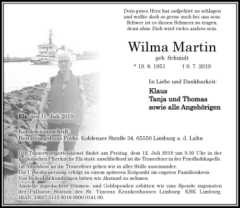 Traueranzeige von Wilma Martin von RMZ