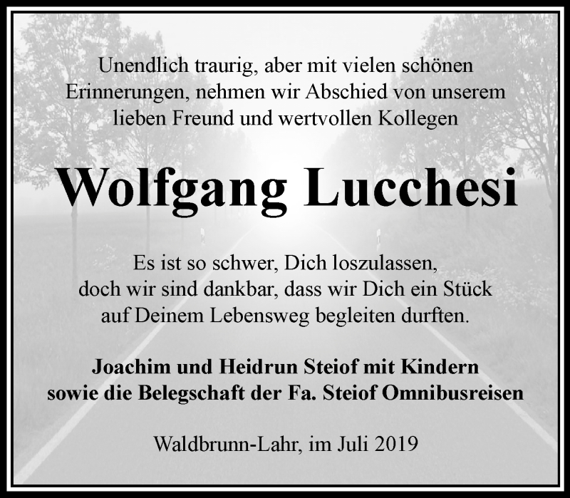  Traueranzeige für Wolfgang Lucchesi vom 30.07.2019 aus RMZ