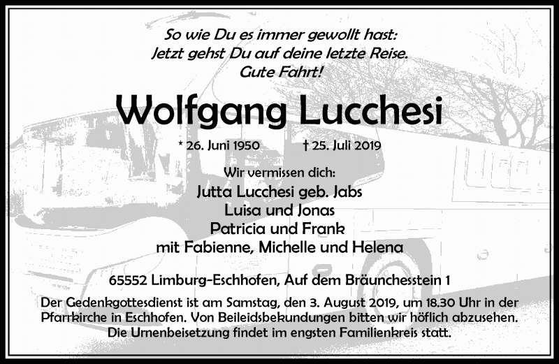  Traueranzeige für Wolfgang Lucchesi vom 30.07.2019 aus RMZ
