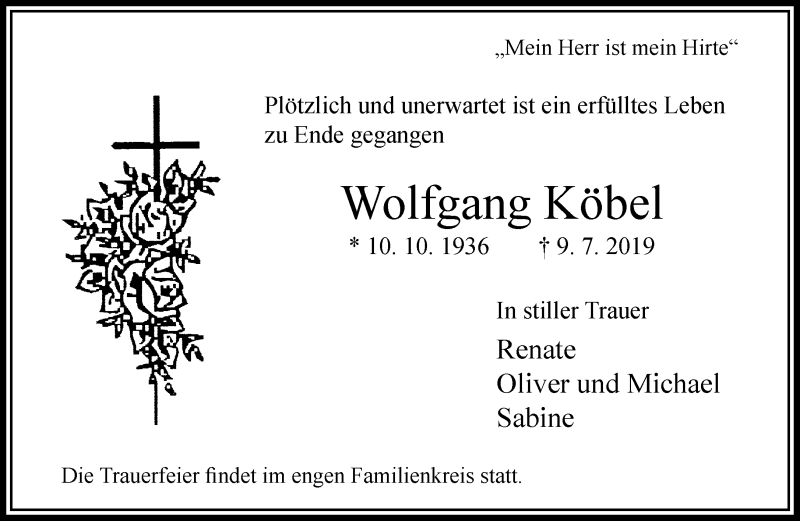  Traueranzeige für Wolfgang Köbel  vom 13.07.2019 aus RMZ