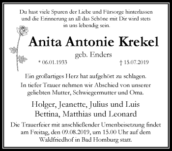 Traueranzeige von Anita Antonie Krekel von RMZ