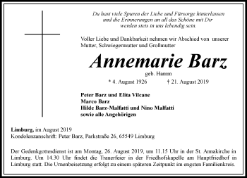Traueranzeige von Annemarie Barz von RMZ