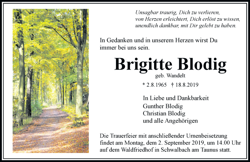  Traueranzeige für Brigitte Blodig vom 24.08.2019 aus RMZ