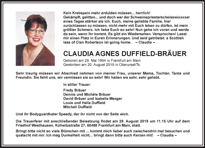  Traueranzeige für Claudia Agnes Duffield-Bräuer vom 23.08.2019 aus RMZ