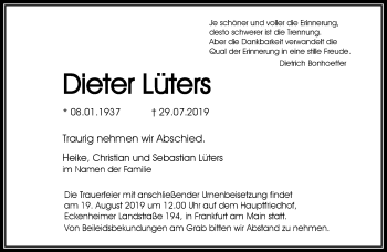 Traueranzeige von Dieter Lüters von RMZ