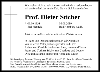 Traueranzeige von Dieter Sticher von RMZ