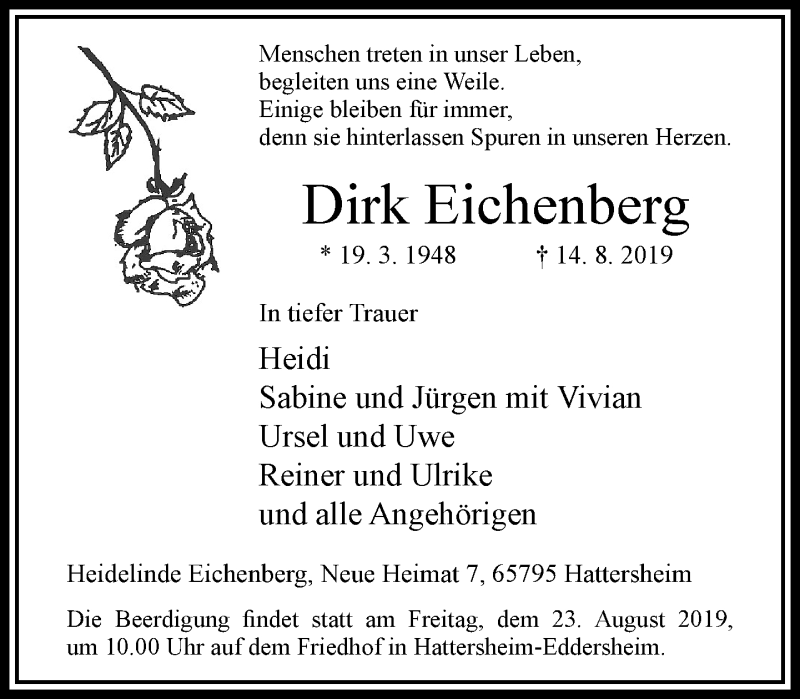  Traueranzeige für Dirk Eichenberg vom 20.08.2019 aus RMZ
