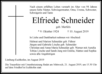 Traueranzeige von Elfriede Schneider von RMZ