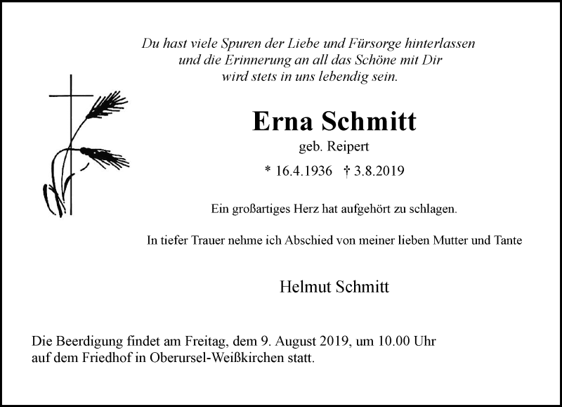  Traueranzeige für Erna Schmitt vom 06.08.2019 aus RMZ