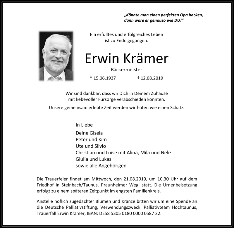  Traueranzeige für Erwin Krämer vom 17.08.2019 aus RMZ
