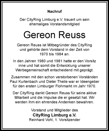 Traueranzeige von Gereon Reuss von RMZ