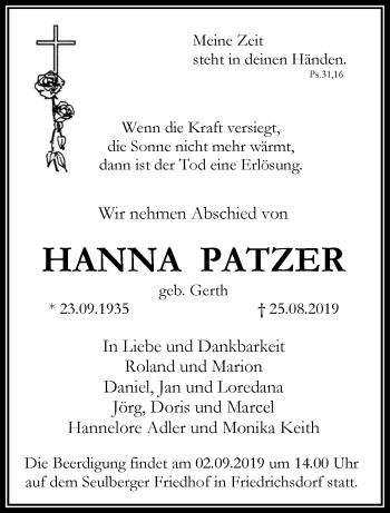 Traueranzeige von Hanna Patzer von RMZ