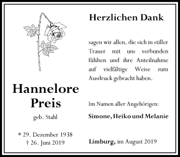 Traueranzeige von Hannelore Preis von RMZ