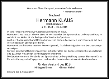 Traueranzeige von Hermann Klaus von RMZ