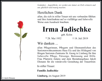 Traueranzeige von Irma Jadischke von RMZ