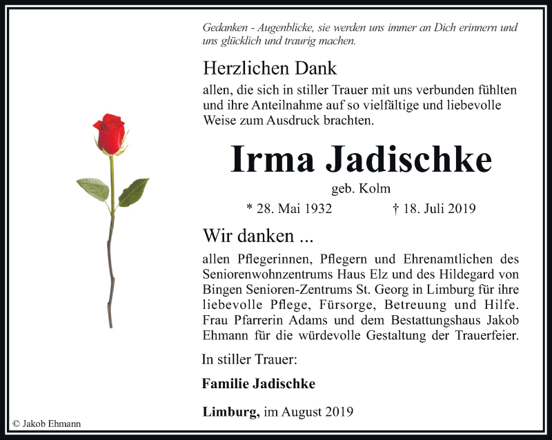  Traueranzeige für Irma Jadischke vom 10.08.2019 aus RMZ