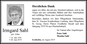 Traueranzeige von Irmgard Sahl von RMZ