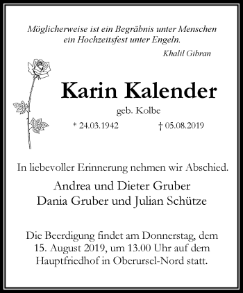 Traueranzeige von Karin Kalender von RMZ