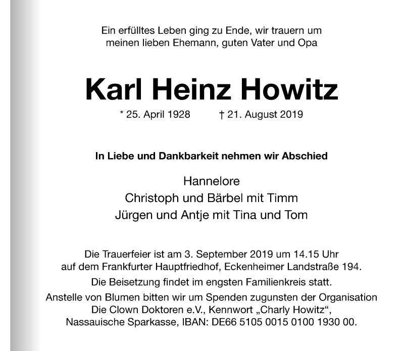  Traueranzeige für Karl Heinz Howitz vom 24.08.2019 aus RMZ