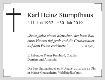 Traueranzeige von Karl Heinz Stumpfhaus von RMZ