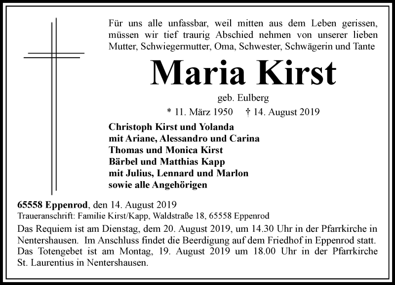  Traueranzeige für Maria Kirst vom 17.08.2019 aus RMZ
