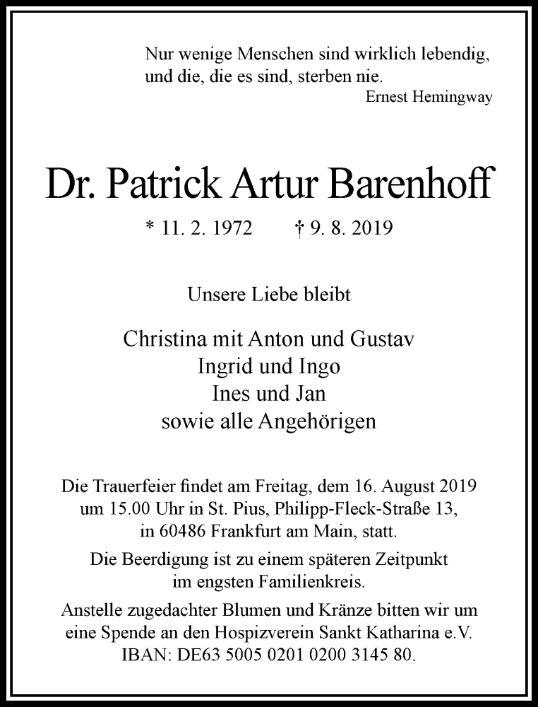 Traueranzeige für Patrick Artur Barenhoff vom 14.08.2019 aus RMZ