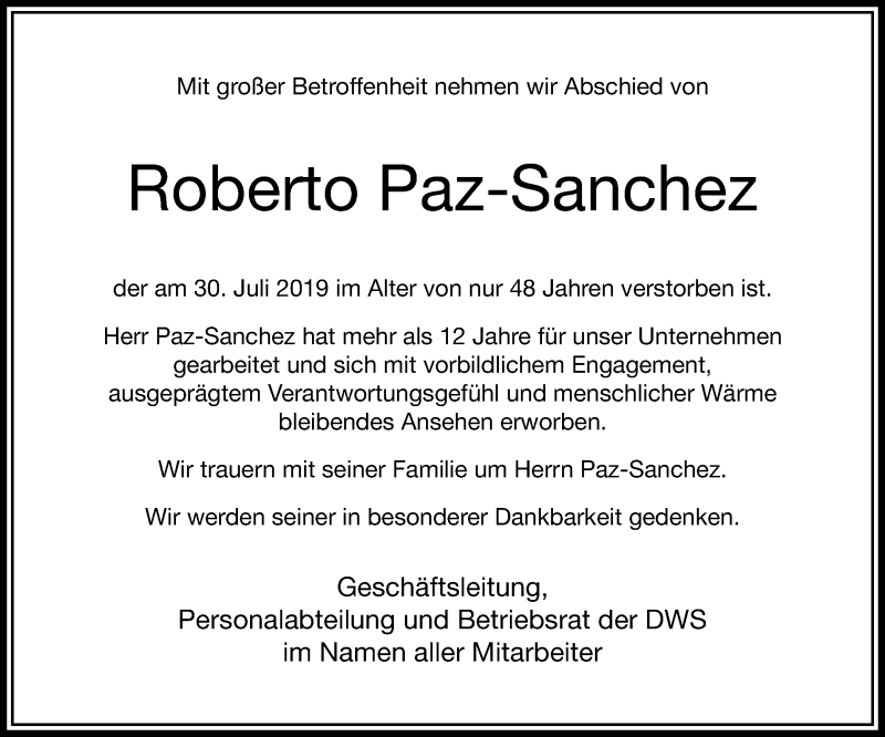  Traueranzeige für Roberto Paz-Sanchez vom 03.08.2019 aus RMZ