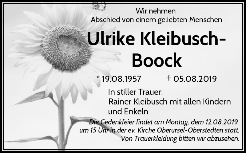  Traueranzeige für Ulrike Kleibusch-Boock vom 08.08.2019 aus RMZ