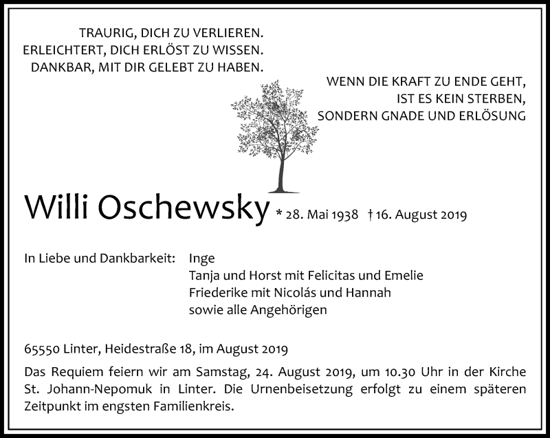  Traueranzeige für Willi Oschewsky vom 21.08.2019 aus RMZ
