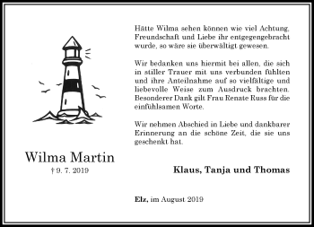 Traueranzeige von Wilma Martin von RMZ