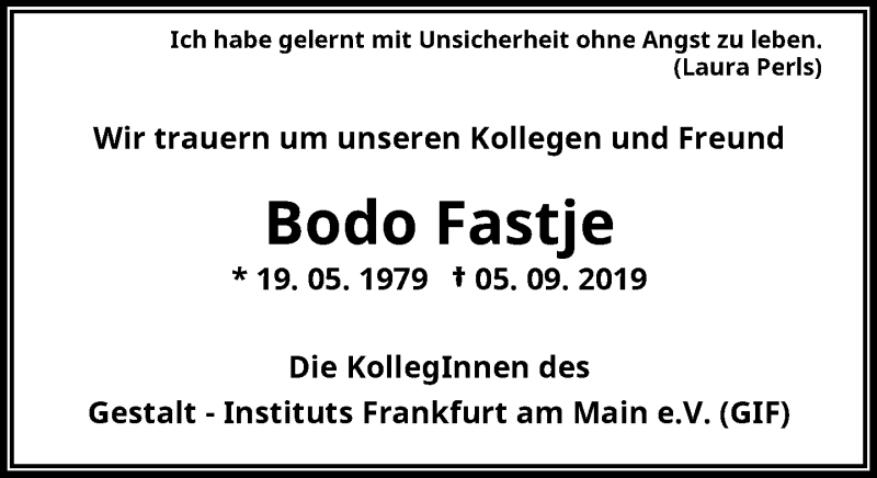  Traueranzeige für Bodo Fastje vom 28.09.2019 aus RMZ