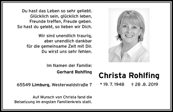 Traueranzeige von Christa Rohlfing von RMZ