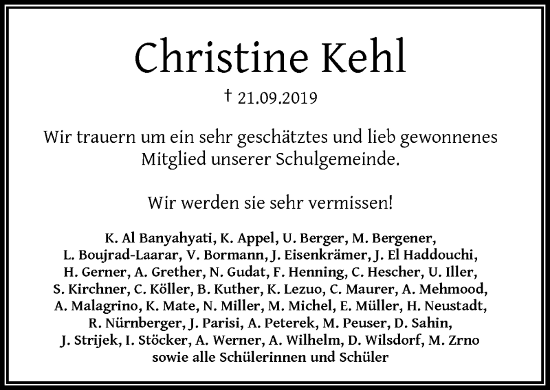  Traueranzeige für Christine Kehl vom 28.09.2019 aus RMZ