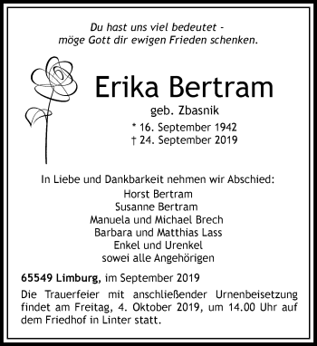 Traueranzeige von Erika Bertram von RMZ