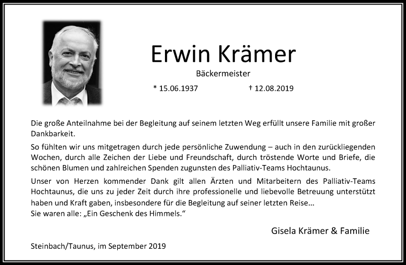  Traueranzeige für Erwin Krämer vom 14.09.2019 aus RMZ